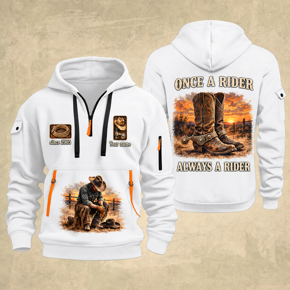 Bull Riding Bull Riding Once A Rider Quarter-Zip Hoodie with Name and Year - BR17353440 quarter-zip hoodie in White, front and back, Your name and since 2005 artwork