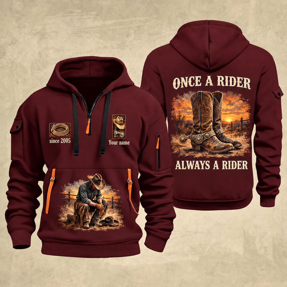 Bull Riding Bull Riding Once A Rider Quarter-Zip Hoodie with Name and Year - BR17353440 quarter-zip hoodie in Wine Red, front and back, Your name and since 2005 artwork
