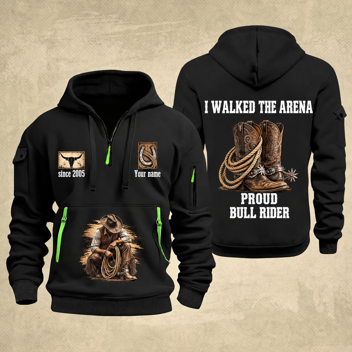 Bull Riding Bull Riding Walk The Arena Quarter-Zip Hoodie with Name and Year - BR17355168 quarter-zip hoodie in Black, front and back, Your name and since 2005 artwork