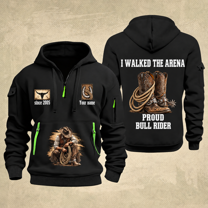 Bull Riding Bull Riding Walk The Arena Quarter-Zip Hoodie with Name and Year - BR17355168 quarter-zip hoodie in Black, front and back, Your name and since 2005 artwork