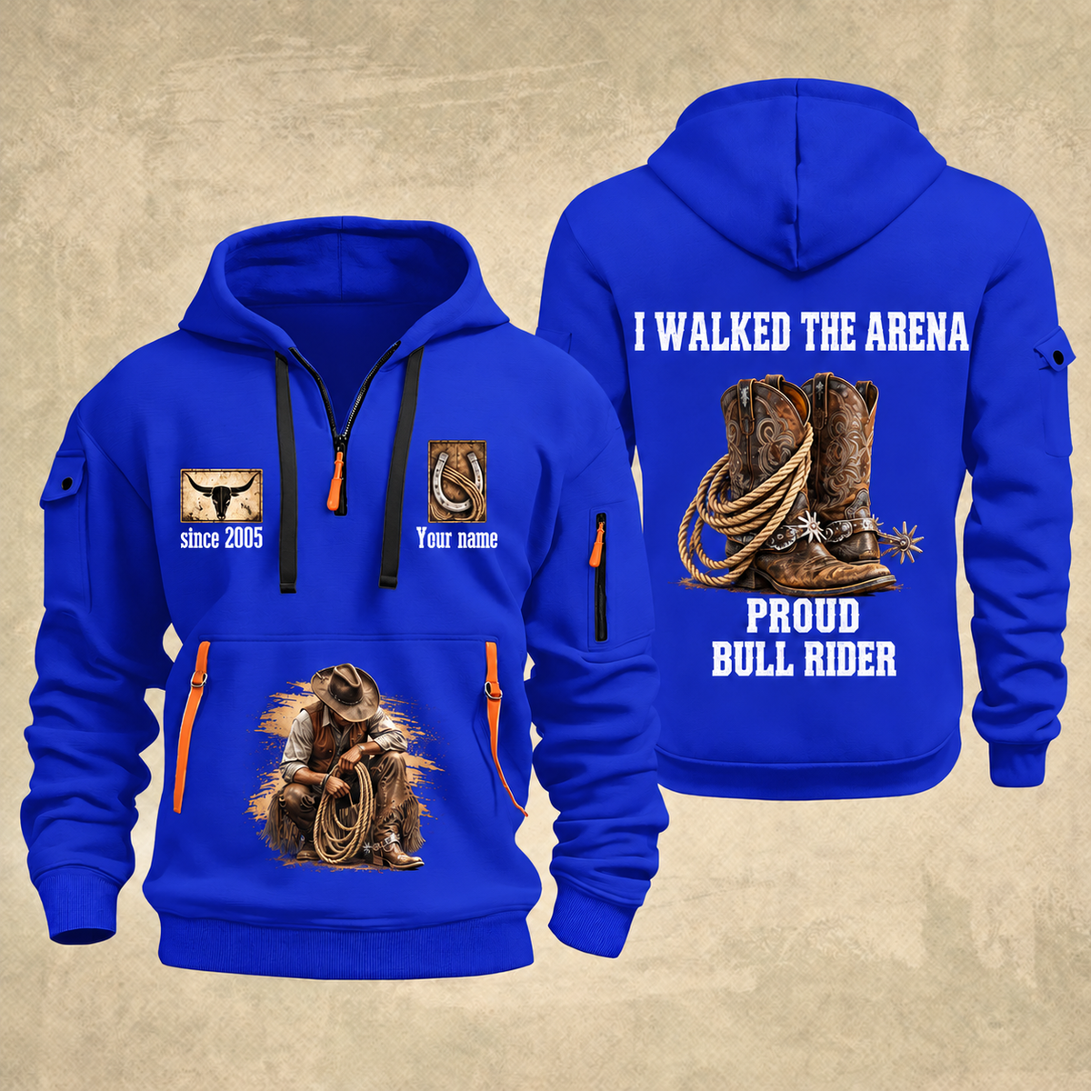 Bull Riding Bull Riding Walk The Arena Quarter-Zip Hoodie with Name and Year - BR17355168 quarter-zip hoodie in Blue, front and back, Your name and since 2005 artwork