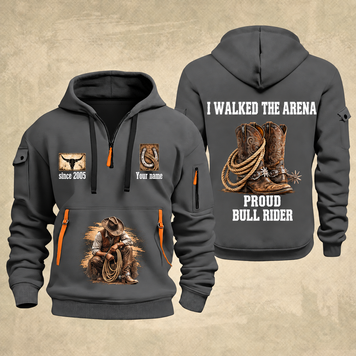 Bull Riding Bull Riding Walk The Arena Quarter-Zip Hoodie with Name and Year - BR17355168 quarter-zip hoodie in Gray, front and back, Your name and since 2005 artwork