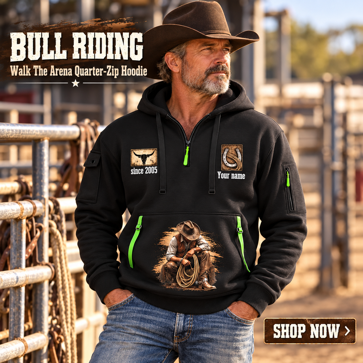 Bull Riding wearing Bull Riding Walk The Arena Quarter-Zip Hoodie with Name and Year - BR17355168 quarter-zip hoodie in their workplace; product introduction and shopping call to action