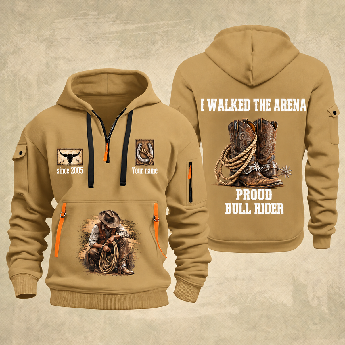 Bull Riding Bull Riding Walk The Arena Quarter-Zip Hoodie with Name and Year - BR17355168 quarter-zip hoodie in Khaki, front and back, Your name and since 2005 artwork