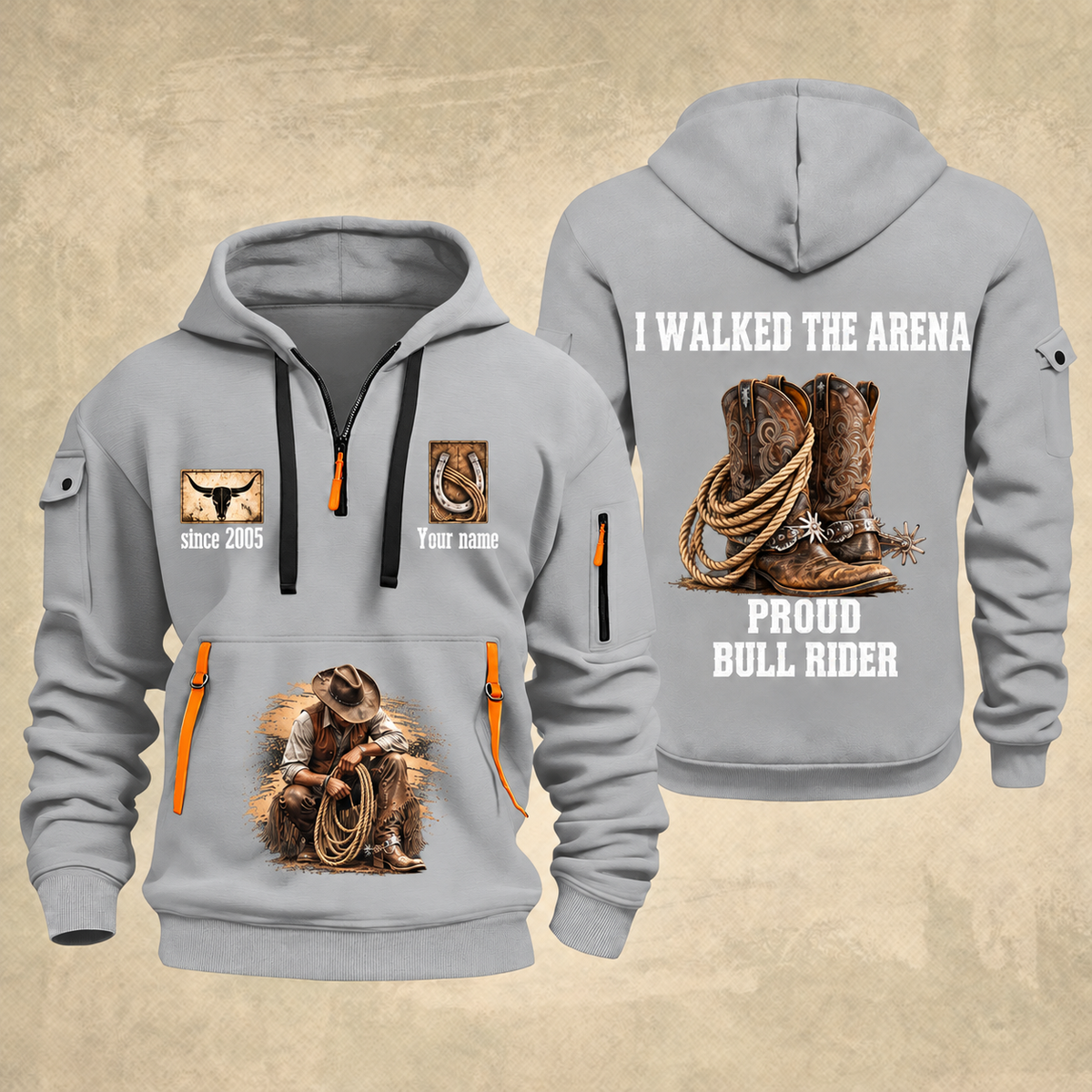 Bull Riding Bull Riding Walk The Arena Quarter-Zip Hoodie with Name and Year - BR17355168 quarter-zip hoodie in Light Grey, front and back, Your name and since 2005 artwork