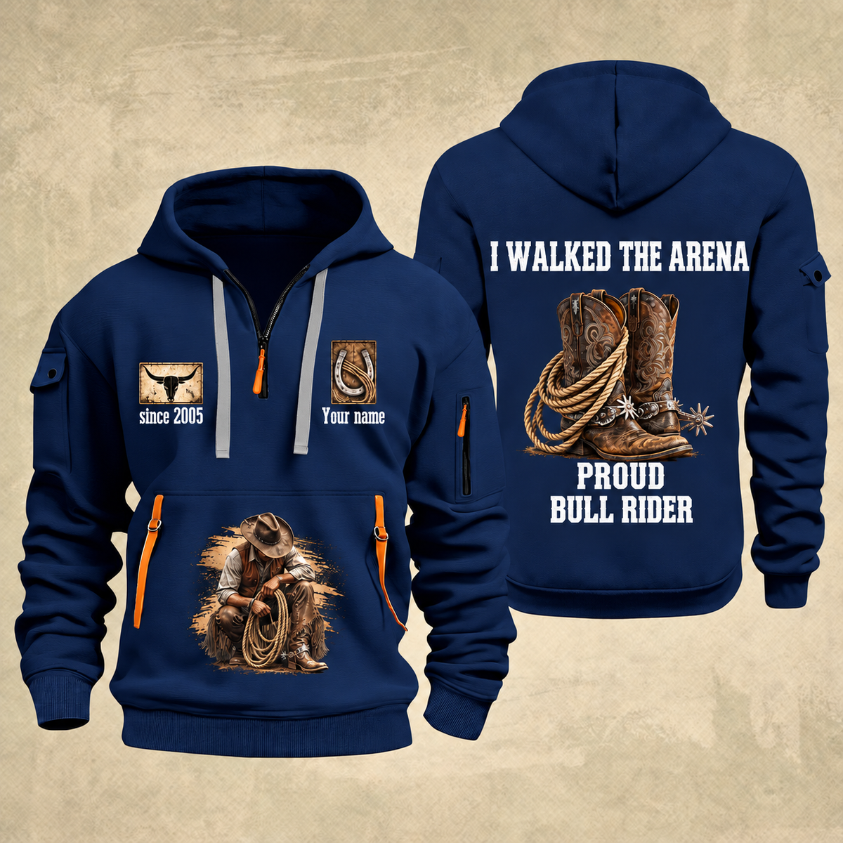 Bull Riding Bull Riding Walk The Arena Quarter-Zip Hoodie with Name and Year - BR17355168 quarter-zip hoodie in Navy, front and back, Your name and since 2005 artwork