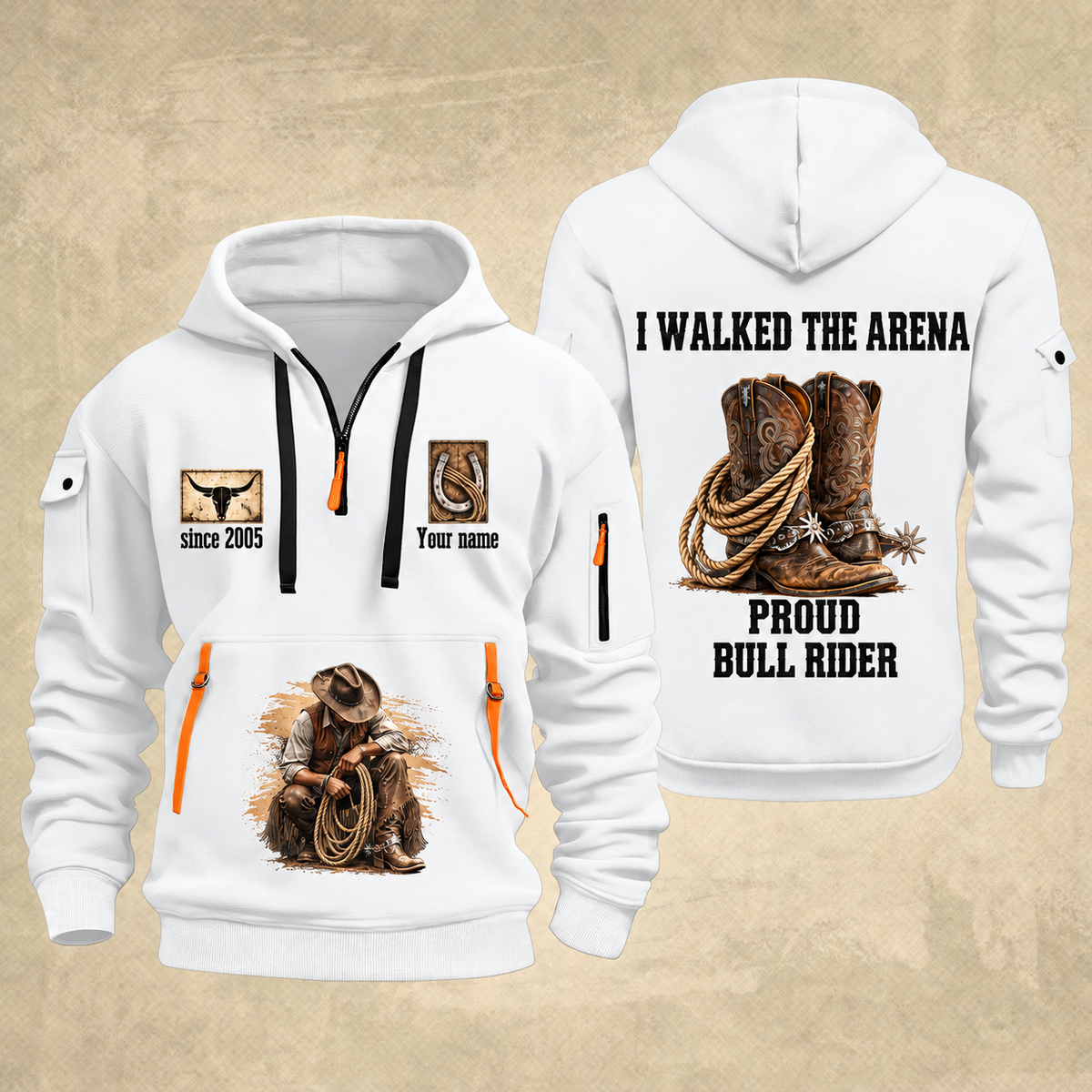 Bull Riding Bull Riding Walk The Arena Quarter-Zip Hoodie with Name and Year - BR17355168 quarter-zip hoodie in White, front and back, Your name and since 2005 artwork