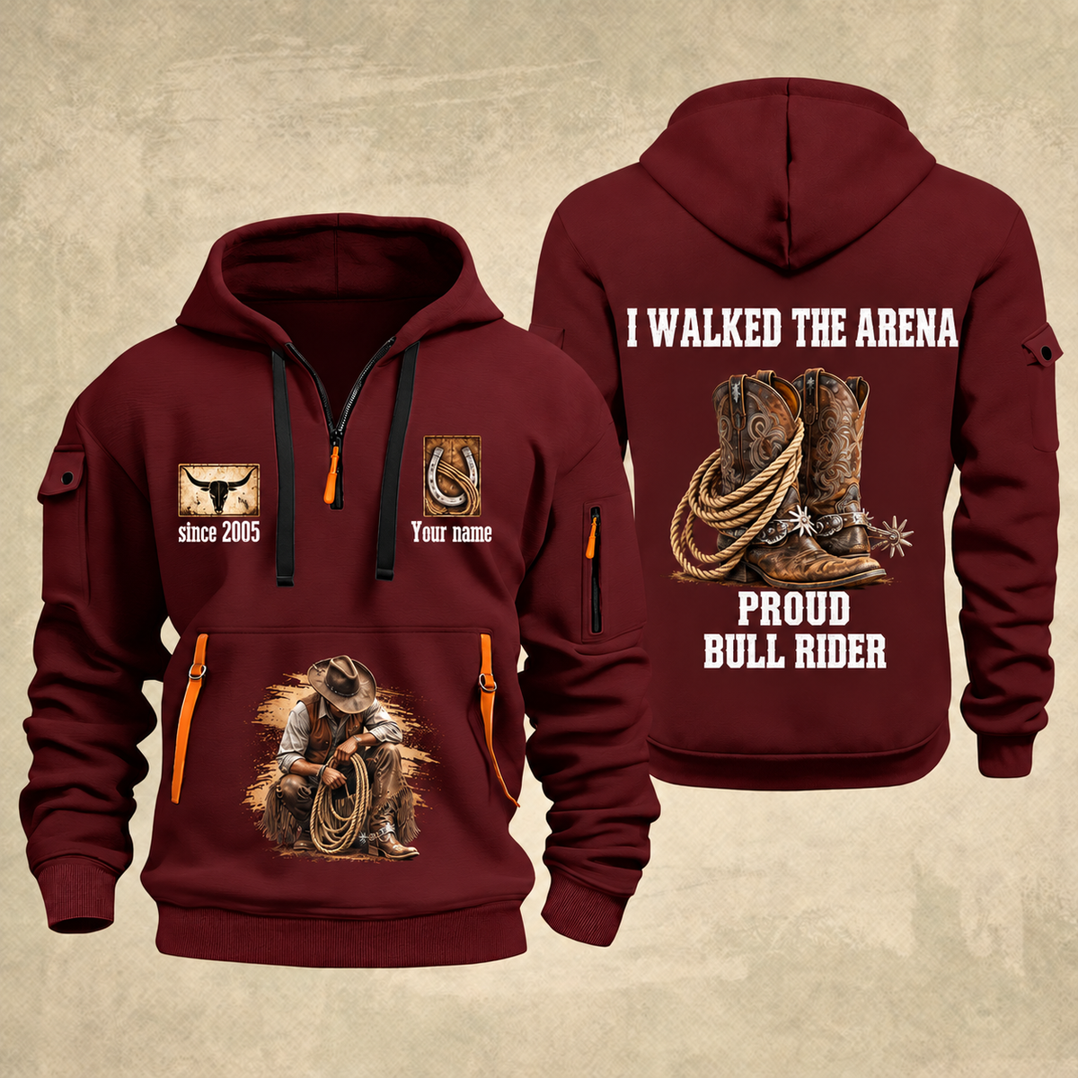 Bull Riding Bull Riding Walk The Arena Quarter-Zip Hoodie with Name and Year - BR17355168 quarter-zip hoodie in Wine Red, front and back, Your name and since 2005 artwork