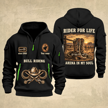 Bull Riding Bull Riding Rider For Life Quarter-Zip Hoodie with Name and Year - BR17356032 quarter-zip hoodie in Black, front and back, Your name and since 2005 artwork