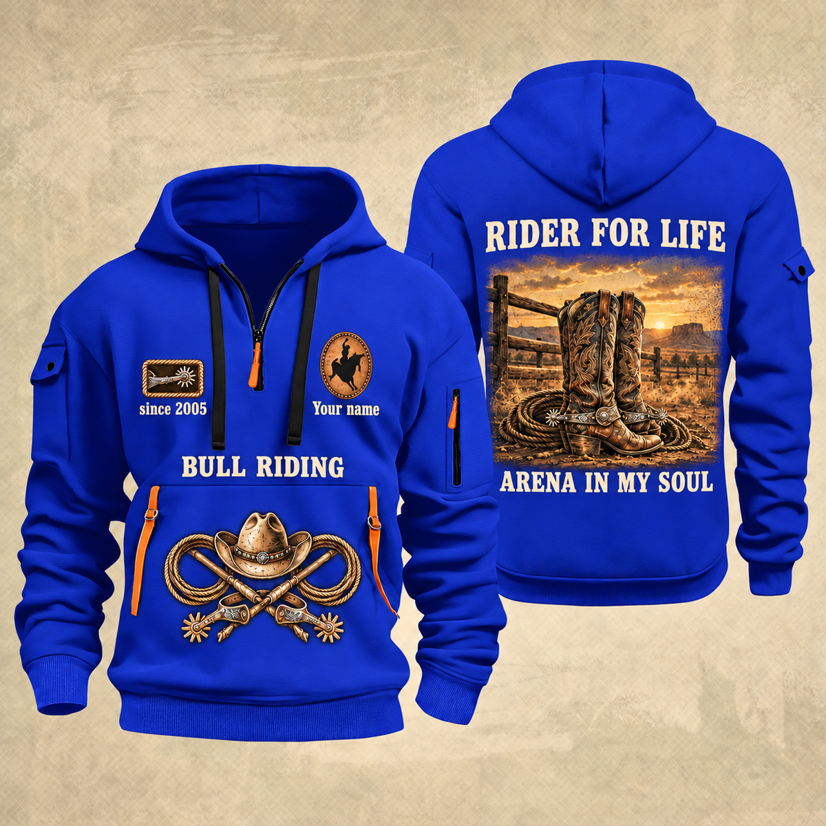 Bull Riding Bull Riding Rider For Life Quarter-Zip Hoodie with Name and Year - BR17356032 quarter-zip hoodie in Blue, front and back, Your name and since 2005 artwork