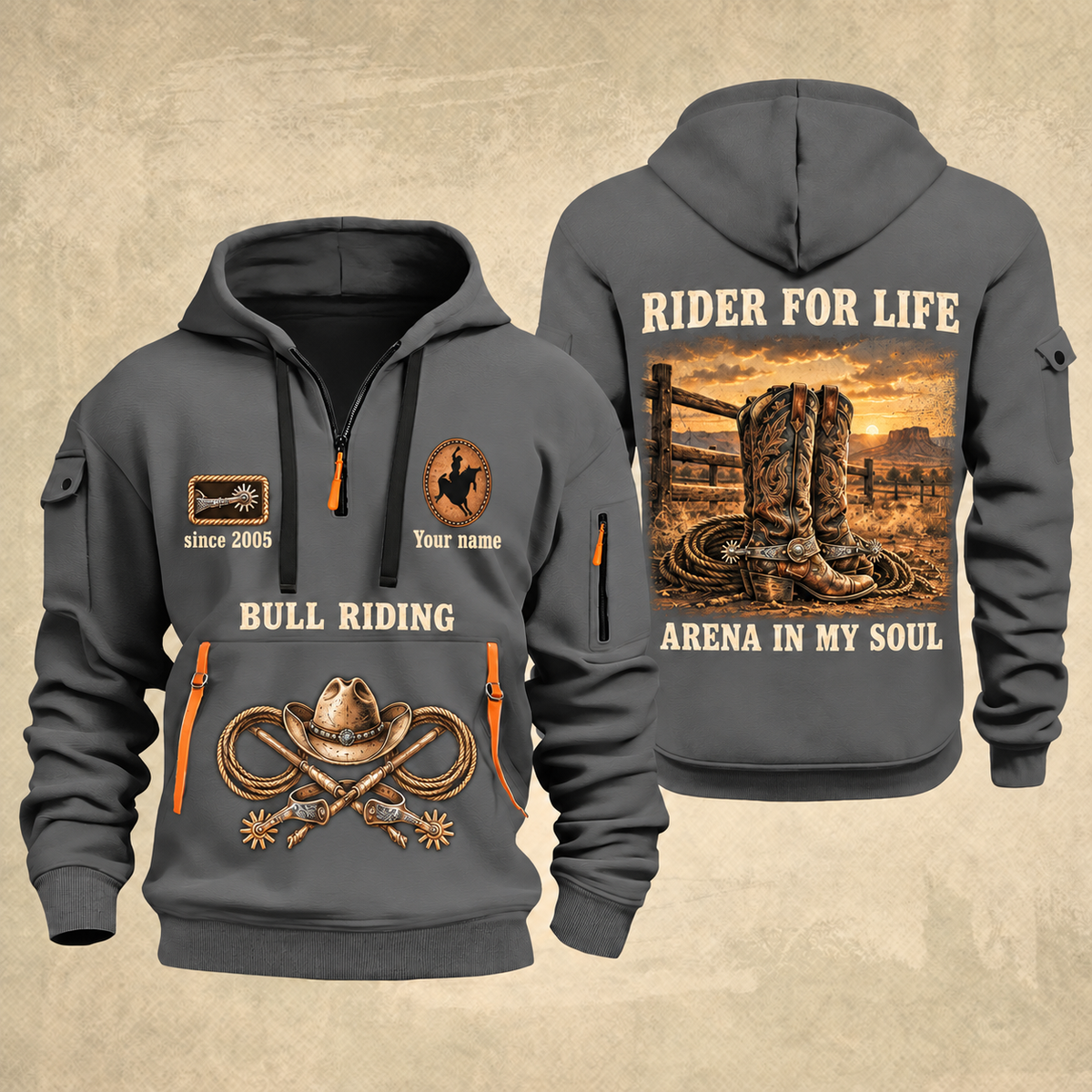 Bull Riding Bull Riding Rider For Life Quarter-Zip Hoodie with Name and Year - BR17356032 quarter-zip hoodie in Gray, front and back, Your name and since 2005 artwork
