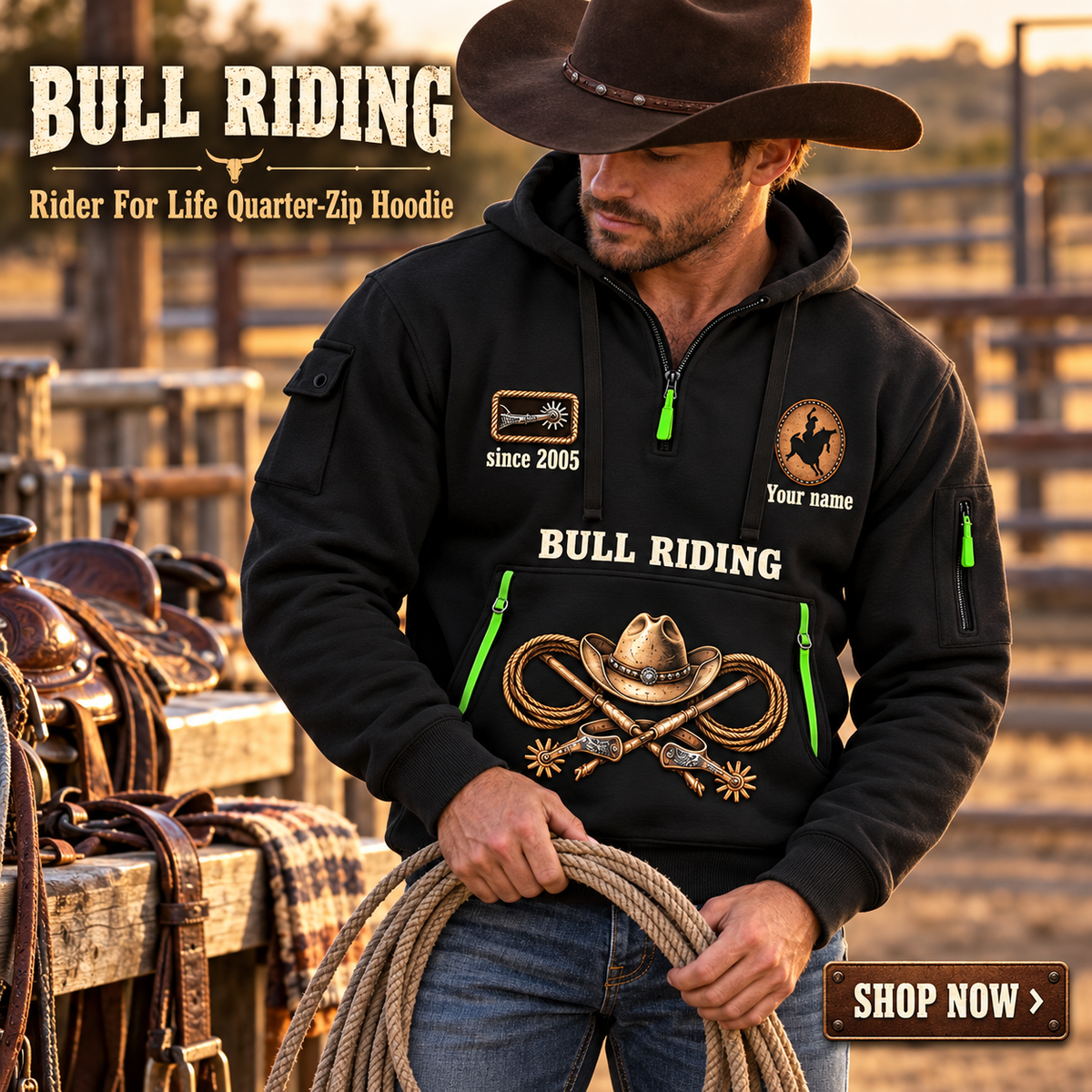 Bull Riding wearing Bull Riding Rider For Life Quarter-Zip Hoodie with Name and Year - BR17356032 quarter-zip hoodie in their workplace; product introduction and shopping call to action