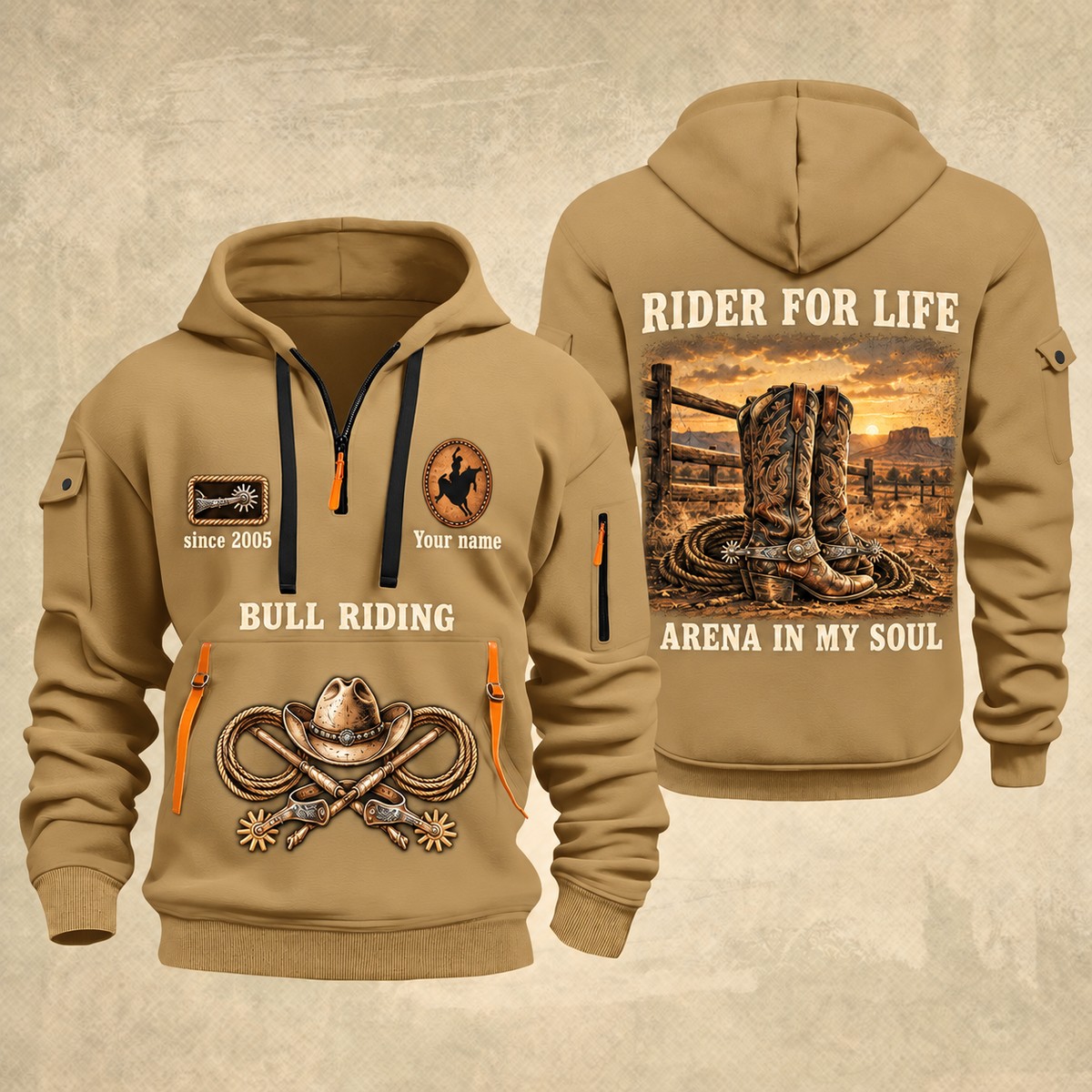 Bull Riding Bull Riding Rider For Life Quarter-Zip Hoodie with Name and Year - BR17356032 quarter-zip hoodie in Khaki, front and back, Your name and since 2005 artwork