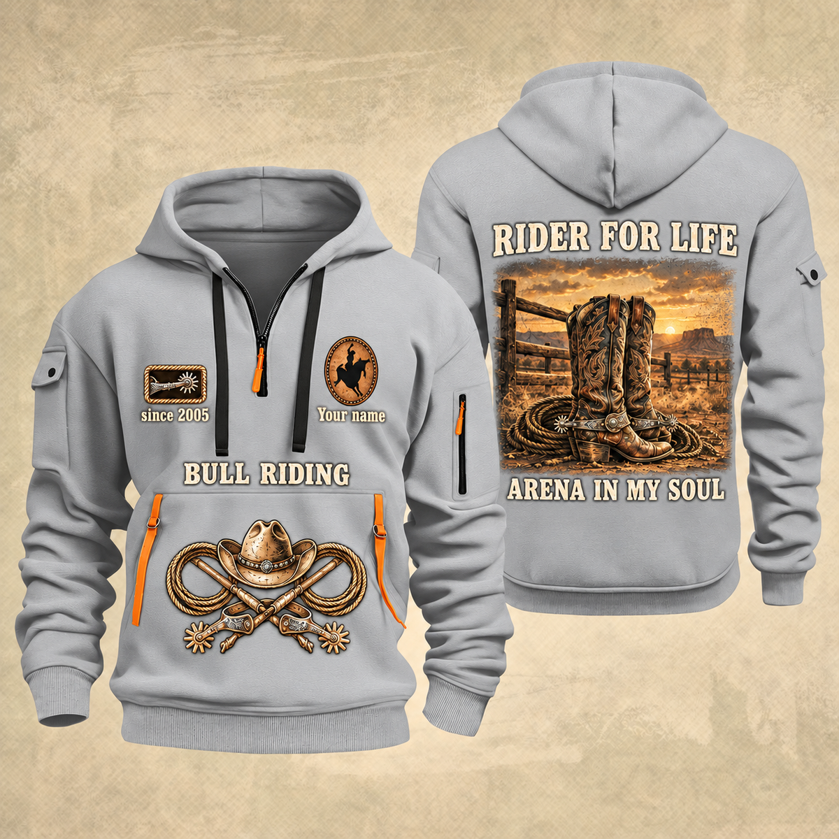 Bull Riding Bull Riding Rider For Life Quarter-Zip Hoodie with Name and Year - BR17356032 quarter-zip hoodie in Light Grey, front and back, Your name and since 2005 artwork