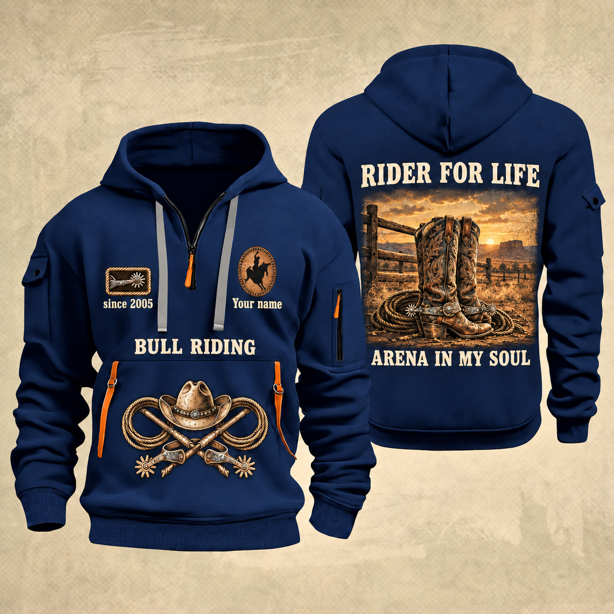 Bull Riding Bull Riding Rider For Life Quarter-Zip Hoodie with Name and Year - BR17356032 quarter-zip hoodie in Navy, front and back, Your name and since 2005 artwork