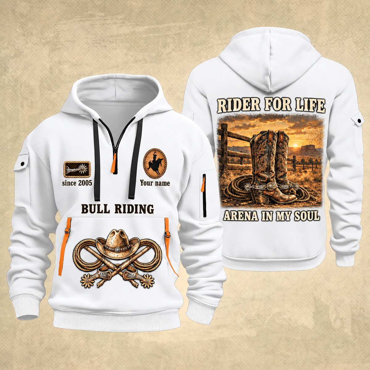 Bull Riding Bull Riding Rider For Life Quarter-Zip Hoodie with Name and Year - BR17356032 quarter-zip hoodie in White, front and back, Your name and since 2005 artwork