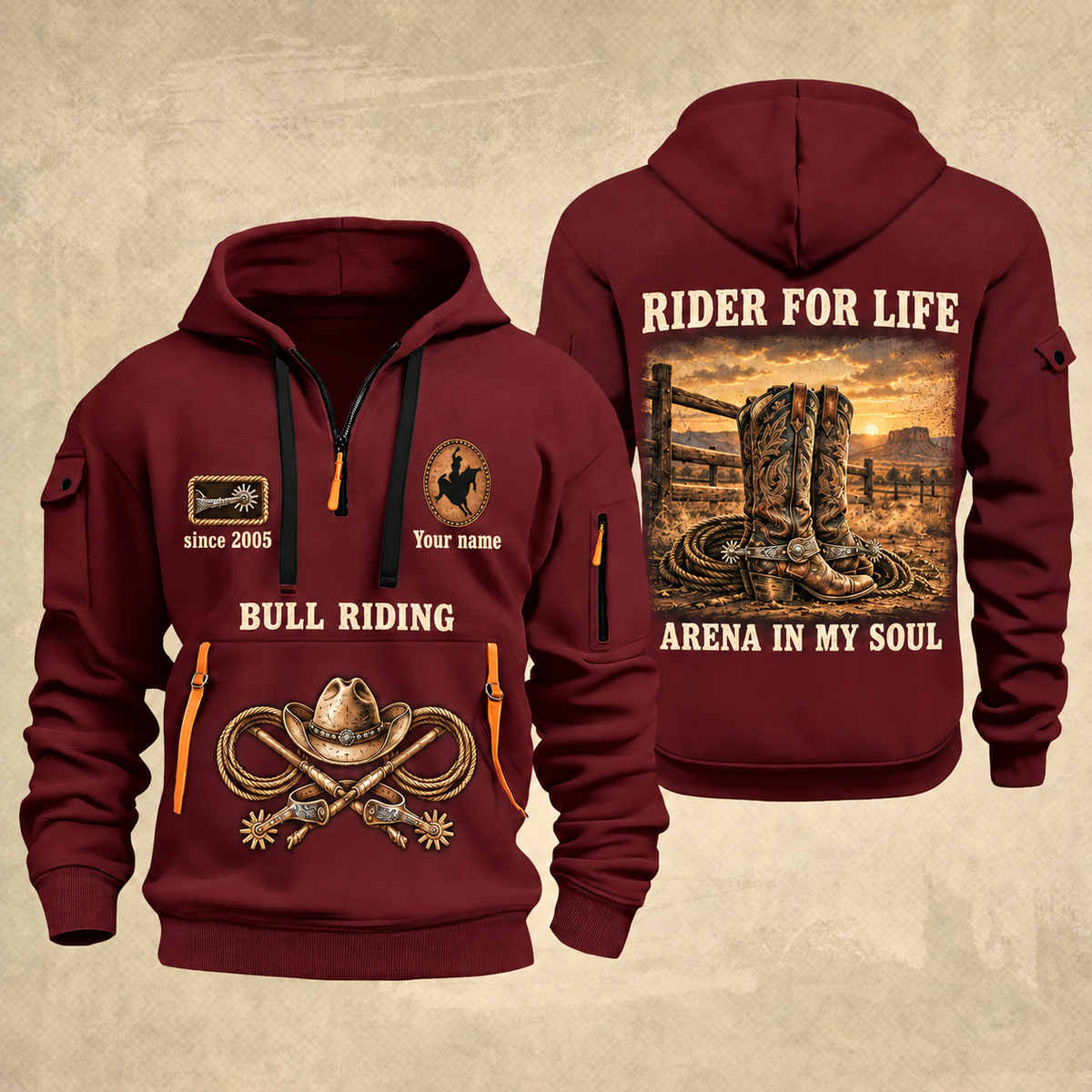 Bull Riding Bull Riding Rider For Life Quarter-Zip Hoodie with Name and Year - BR17356032 quarter-zip hoodie in Wine Red, front and back, Your name and since 2005 artwork