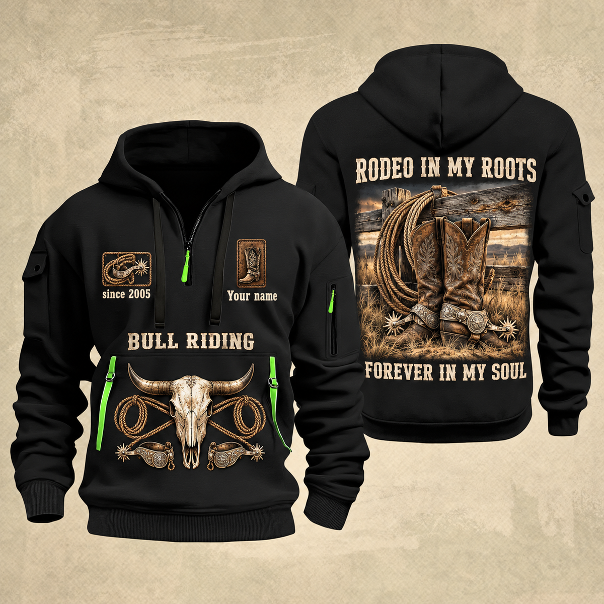 Bull Riding Bull Riding Forever Rodeo Quarter-Zip Hoodie with Name and Year - BR17358624 quarter-zip hoodie in Black, front and back, Your name and since 2005 artwork