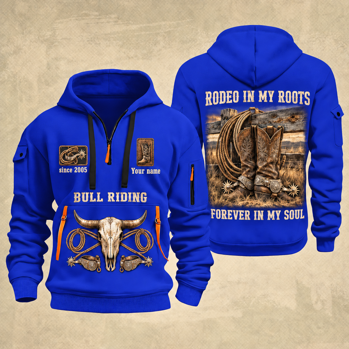 Bull Riding Bull Riding Forever Rodeo Quarter-Zip Hoodie with Name and Year - BR17358624 quarter-zip hoodie in Blue, front and back, Your name and since 2005 artwork