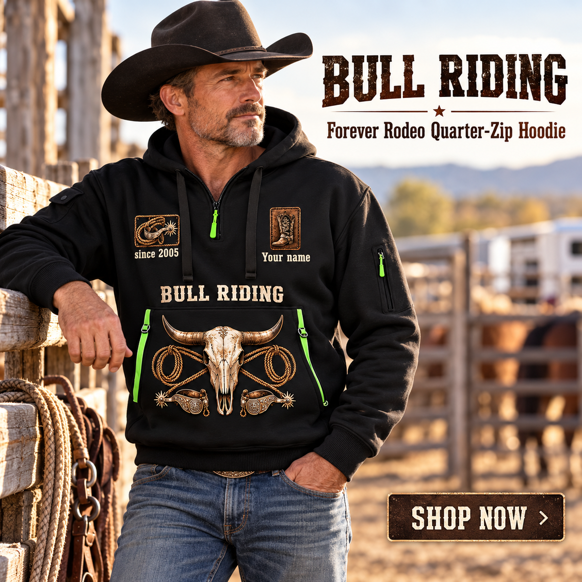 Bull Riding wearing Bull Riding Forever Rodeo Quarter-Zip Hoodie with Name and Year - BR17358624 quarter-zip hoodie in their workplace; product introduction and shopping call to action