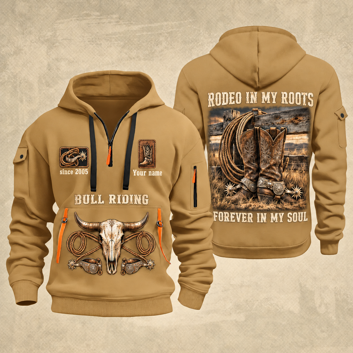 Bull Riding Bull Riding Forever Rodeo Quarter-Zip Hoodie with Name and Year - BR17358624 quarter-zip hoodie in Khaki, front and back, Your name and since 2005 artwork