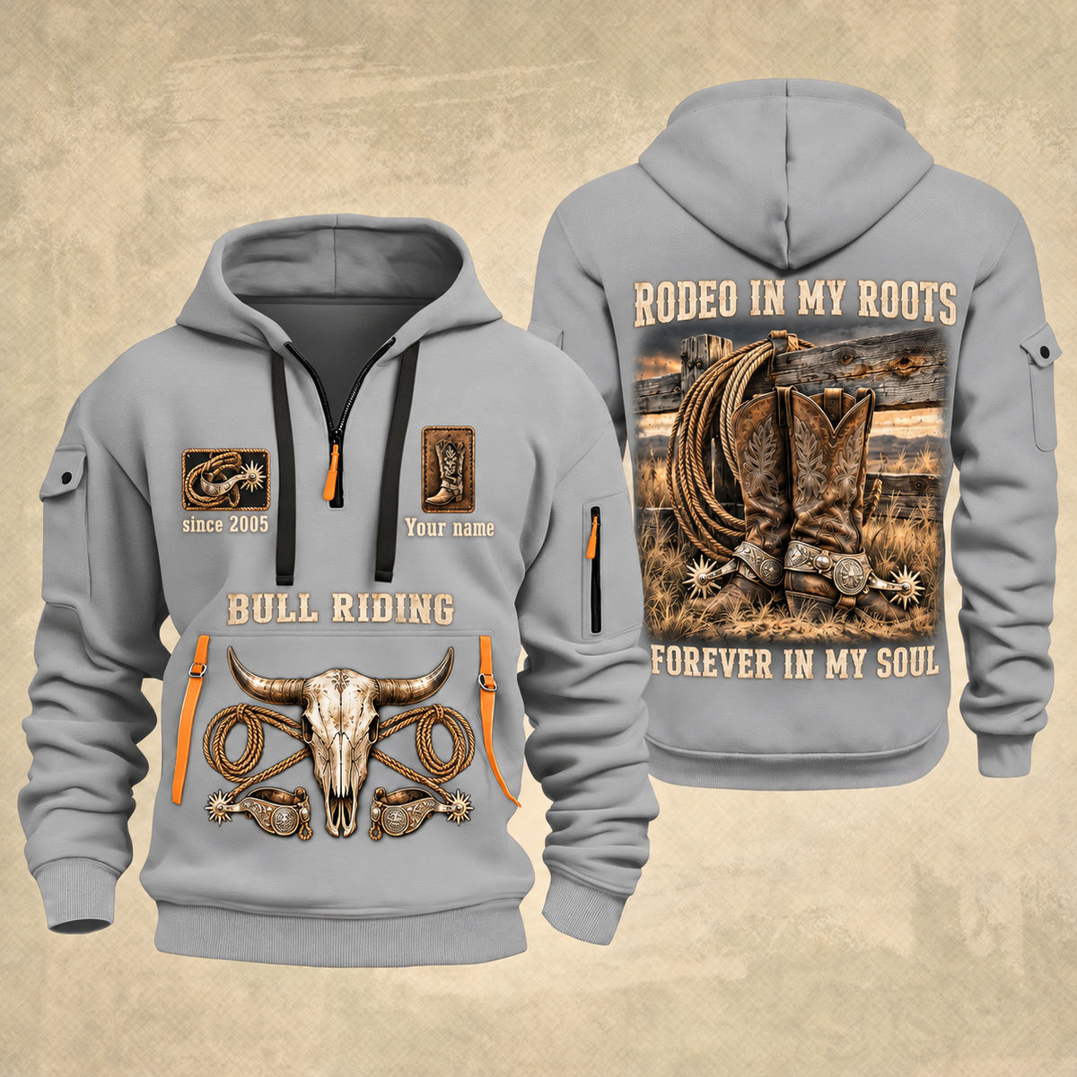 Bull Riding Bull Riding Forever Rodeo Quarter-Zip Hoodie with Name and Year - BR17358624 quarter-zip hoodie in Light Grey, front and back, Your name and since 2005 artwork