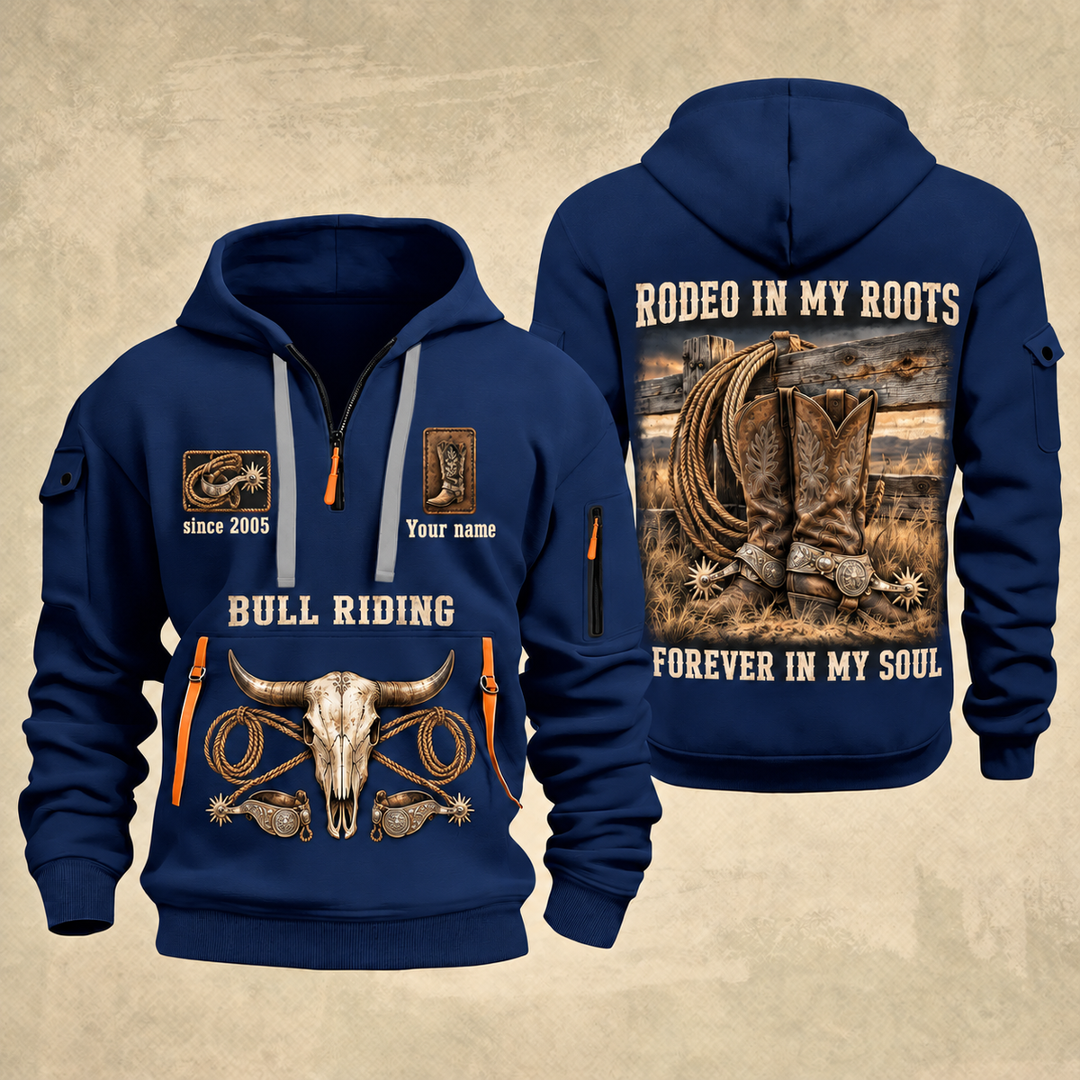 Bull Riding Bull Riding Forever Rodeo Quarter-Zip Hoodie with Name and Year - BR17358624 quarter-zip hoodie in Navy, front and back, Your name and since 2005 artwork
