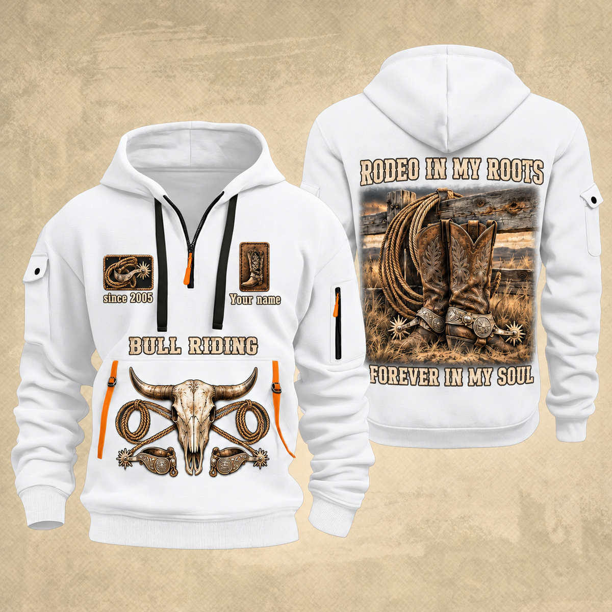 Bull Riding Bull Riding Forever Rodeo Quarter-Zip Hoodie with Name and Year - BR17358624 quarter-zip hoodie in White, front and back, Your name and since 2005 artwork