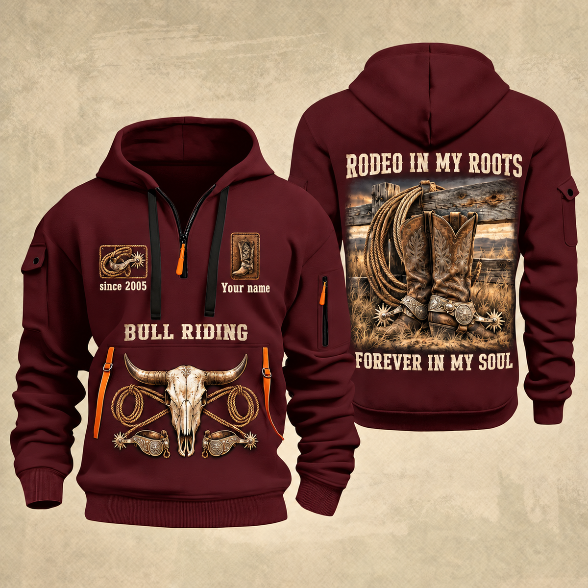 Bull Riding Bull Riding Forever Rodeo Quarter-Zip Hoodie with Name and Year - BR17358624 quarter-zip hoodie in Wine Red, front and back, Your name and since 2005 artwork
