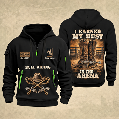Bull Riding Bull Riding Earned In The Arena Quarter-Zip Hoodie with Name and Year - BR17362944 quarter-zip hoodie in Black, front and back, Your name and since 2005 artwork