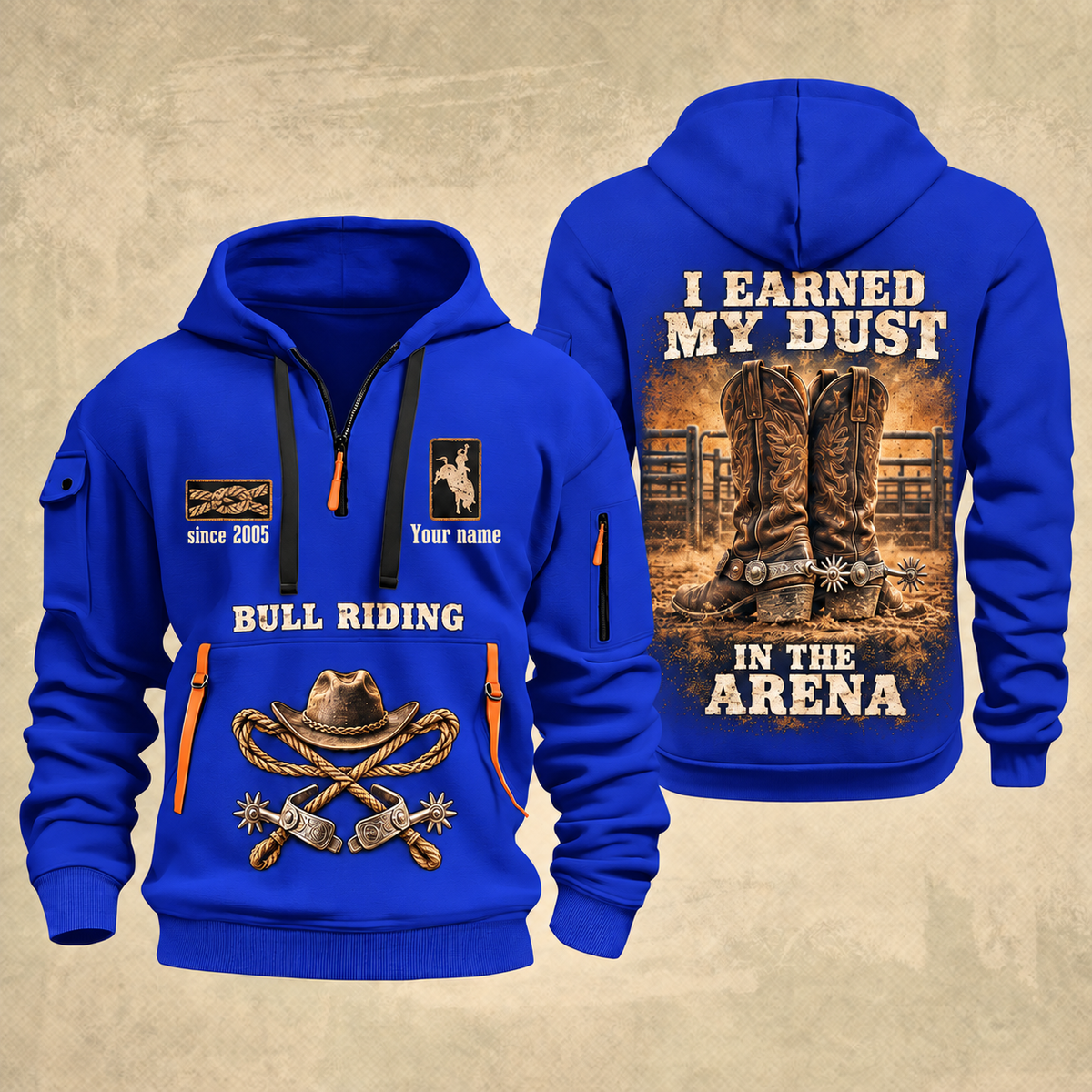 Bull Riding Bull Riding Earned In The Arena Quarter-Zip Hoodie with Name and Year - BR17362944 quarter-zip hoodie in Blue, front and back, Your name and since 2005 artwork