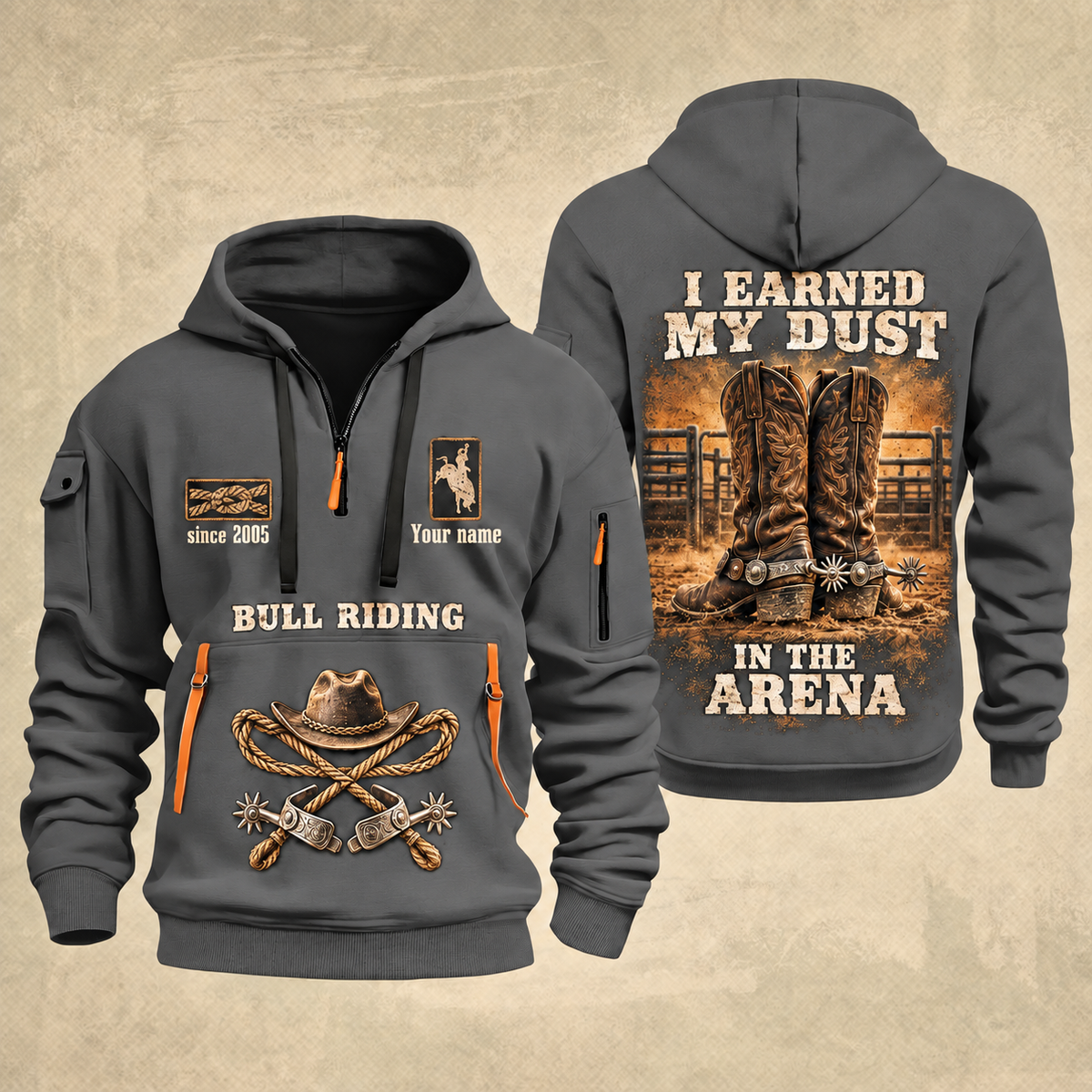 Bull Riding Bull Riding Earned In The Arena Quarter-Zip Hoodie with Name and Year - BR17362944 quarter-zip hoodie in Gray, front and back, Your name and since 2005 artwork