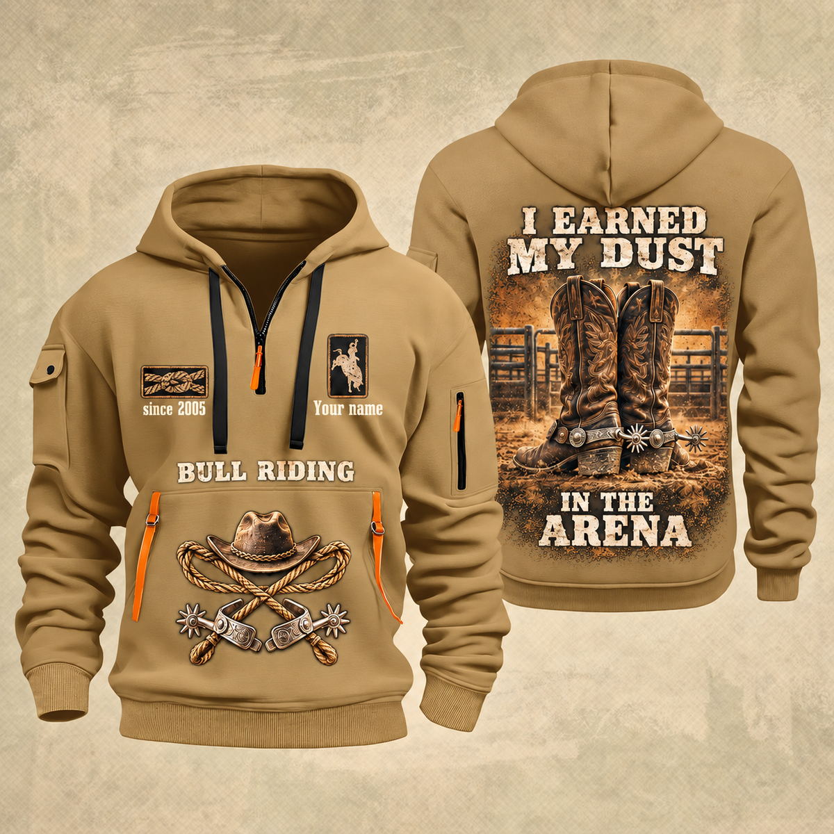 Bull Riding Bull Riding Earned In The Arena Quarter-Zip Hoodie with Name and Year - BR17362944 quarter-zip hoodie in Khaki, front and back, Your name and since 2005 artwork