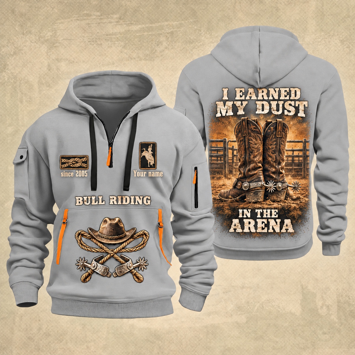 Bull Riding Bull Riding Earned In The Arena Quarter-Zip Hoodie with Name and Year - BR17362944 quarter-zip hoodie in Light Grey, front and back, Your name and since 2005 artwork