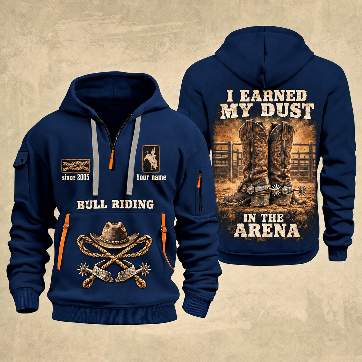 Bull Riding Bull Riding Earned In The Arena Quarter-Zip Hoodie with Name and Year - BR17362944 quarter-zip hoodie in Navy, front and back, Your name and since 2005 artwork