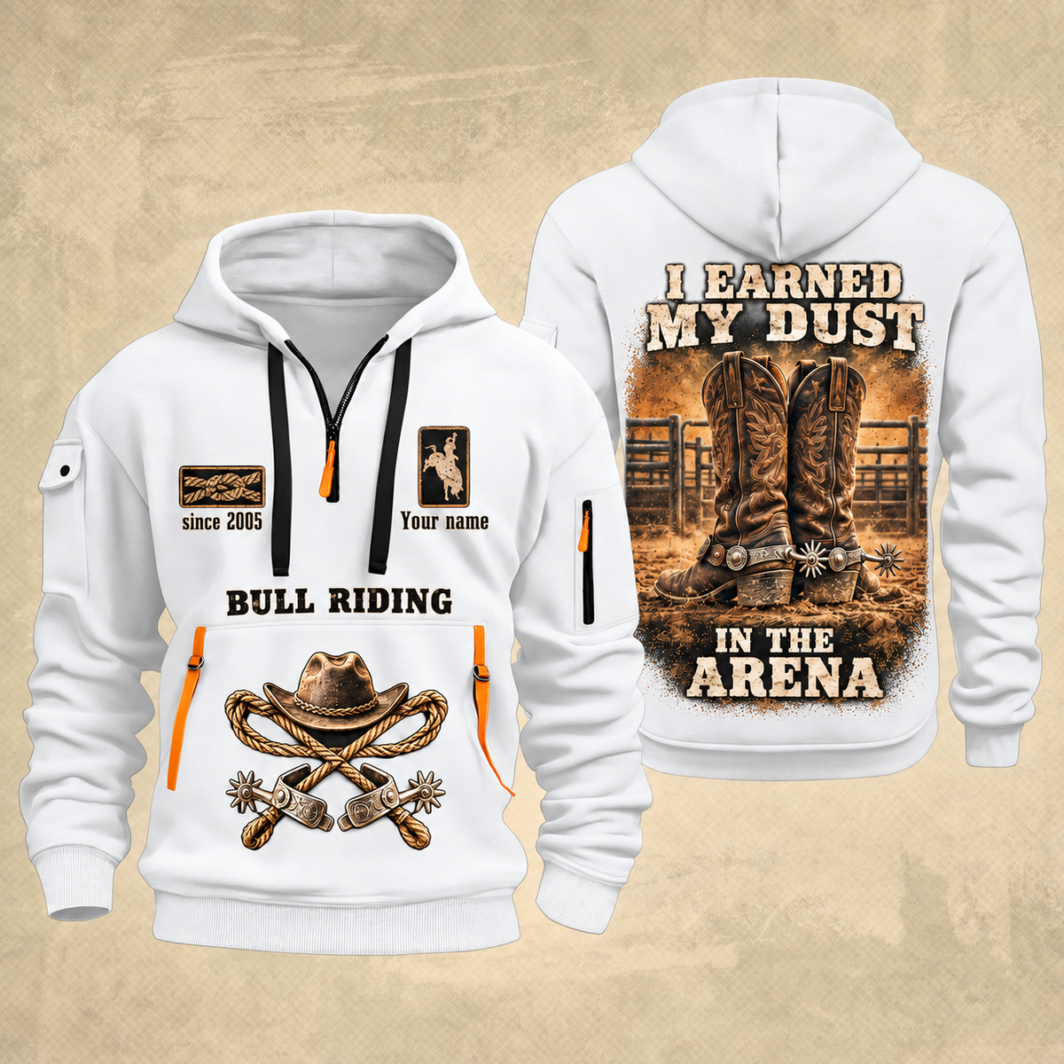 Bull Riding Bull Riding Earned In The Arena Quarter-Zip Hoodie with Name and Year - BR17362944 quarter-zip hoodie in White, front and back, Your name and since 2005 artwork