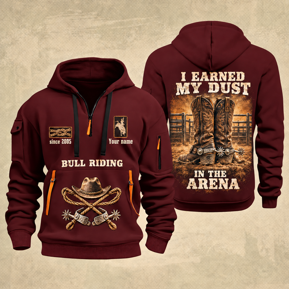Bull Riding Bull Riding Earned In The Arena Quarter-Zip Hoodie with Name and Year - BR17362944 quarter-zip hoodie in Wine Red, front and back, Your name and since 2005 artwork