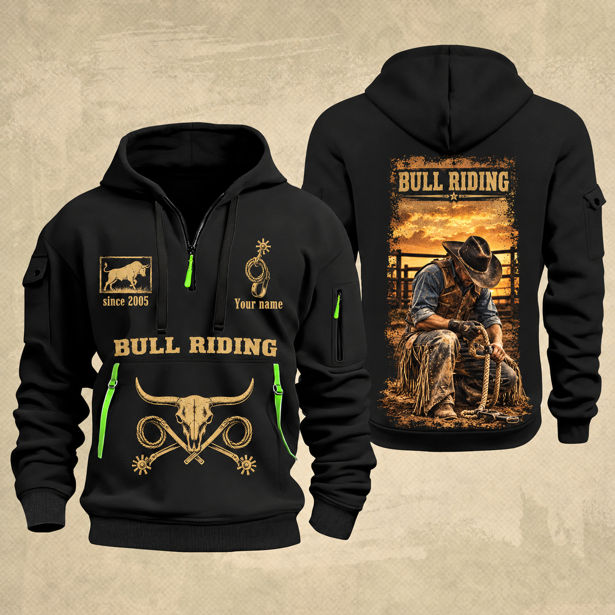 Bull Riding Bull Riding Golden Rodeo Quarter-Zip Hoodie with Name and Year - BR17363808 quarter-zip hoodie in Black, front and back, Your name and since 2005 artwork