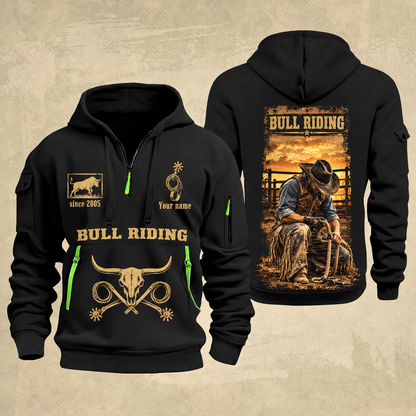 Bull Riding Bull Riding Golden Rodeo Quarter-Zip Hoodie with Name and Year - BR17363808 quarter-zip hoodie in Black, front and back, Your name and since 2005 artwork