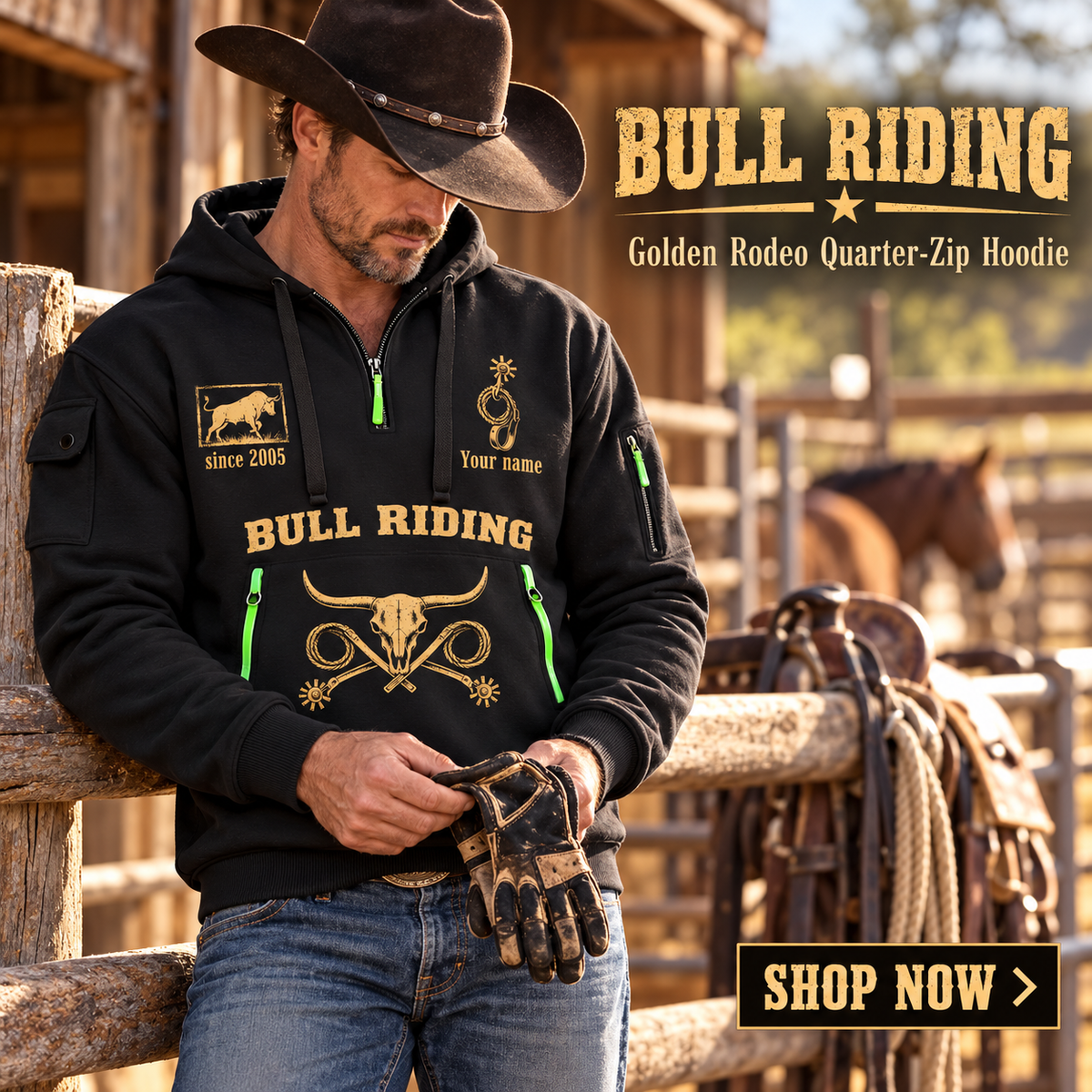 Bull Riding wearing Bull Riding Golden Rodeo Quarter-Zip Hoodie with Name and Year - BR17363808 quarter-zip hoodie in their workplace; product introduction and shopping call to action
