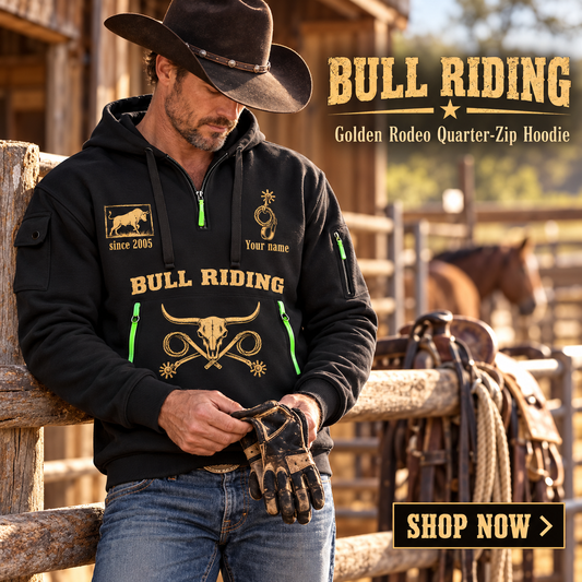 Bull Riding wearing Bull Riding Golden Rodeo Quarter-Zip Hoodie with Name and Year - BR17363808 quarter-zip hoodie in their workplace; product introduction and shopping call to action