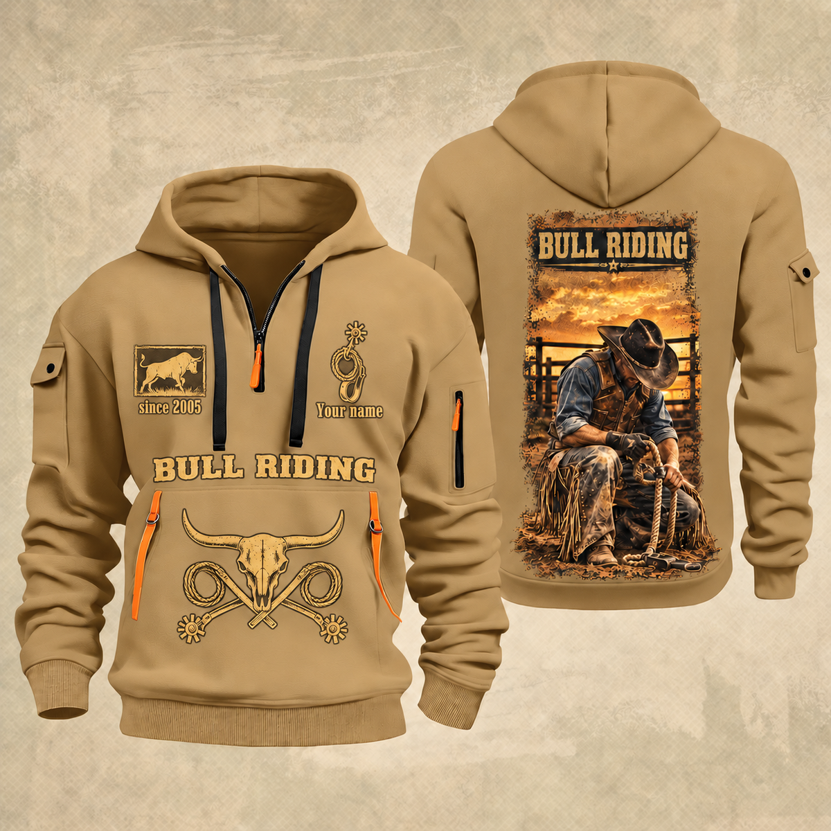 Bull Riding Bull Riding Golden Rodeo Quarter-Zip Hoodie with Name and Year - BR17363808 quarter-zip hoodie in Khaki, front and back, Your name and since 2005 artwork