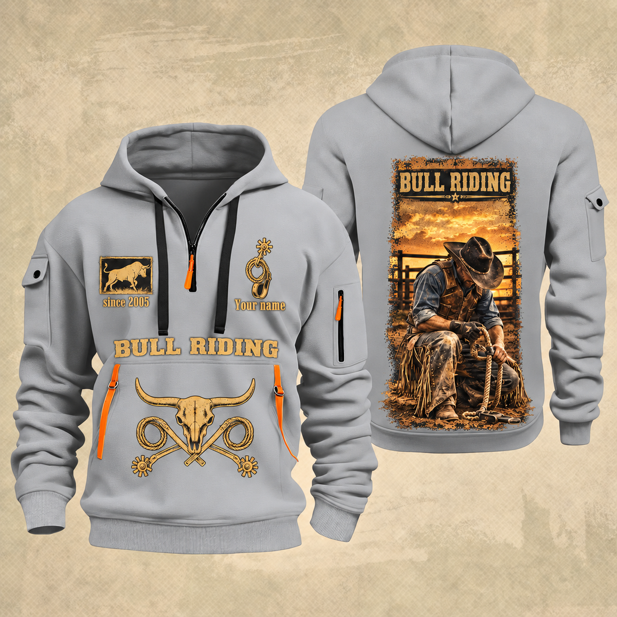 Bull Riding Bull Riding Golden Rodeo Quarter-Zip Hoodie with Name and Year - BR17363808 quarter-zip hoodie in Light Grey, front and back, Your name and since 2005 artwork