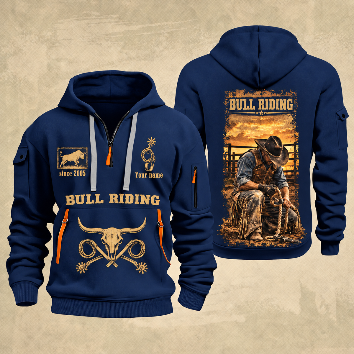 Bull Riding Bull Riding Golden Rodeo Quarter-Zip Hoodie with Name and Year - BR17363808 quarter-zip hoodie in Navy, front and back, Your name and since 2005 artwork