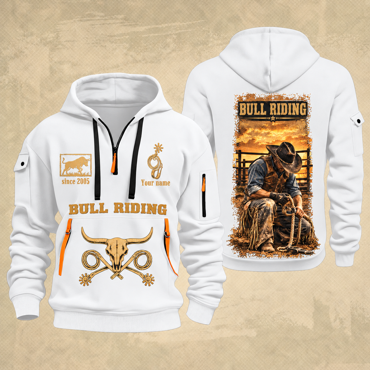 Bull Riding Bull Riding Golden Rodeo Quarter-Zip Hoodie with Name and Year - BR17363808 quarter-zip hoodie in White, front and back, Your name and since 2005 artwork