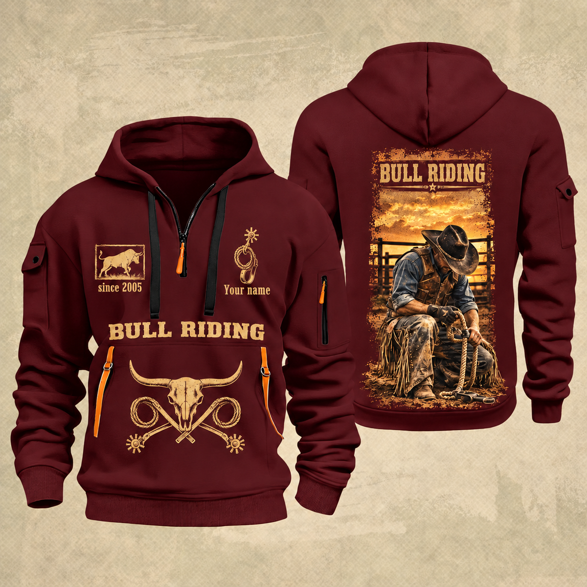 Bull Riding Bull Riding Golden Rodeo Quarter-Zip Hoodie with Name and Year - BR17363808 quarter-zip hoodie in Wine Red, front and back, Your name and since 2005 artwork