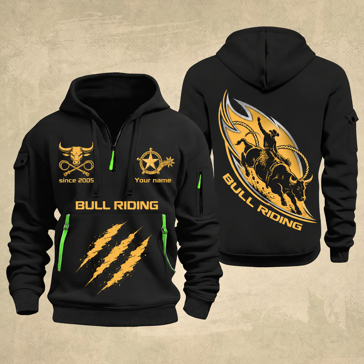 Bull Riding Bull Riding Rodeo Rush Quarter-Zip Hoodie with Name and Year - BR17365536 quarter-zip hoodie in Black, front and back, Your name and since 2005 artwork