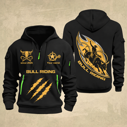 Bull Riding Bull Riding Rodeo Rush Quarter-Zip Hoodie with Name and Year - BR17365536 quarter-zip hoodie in Black, front and back, Your name and since 2005 artwork