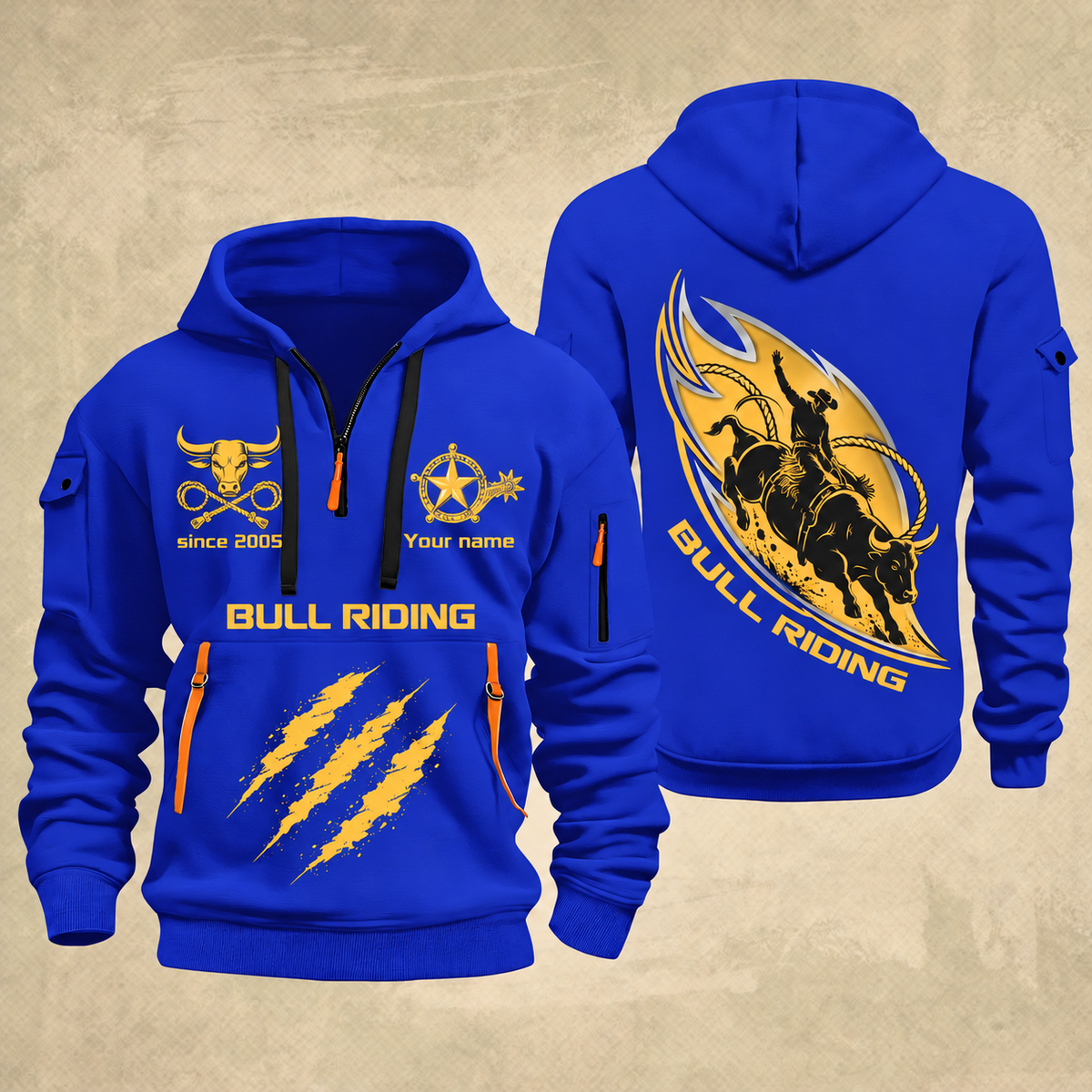 Bull Riding Bull Riding Rodeo Rush Quarter-Zip Hoodie with Name and Year - BR17365536 quarter-zip hoodie in Blue, front and back, Your name and since 2005 artwork