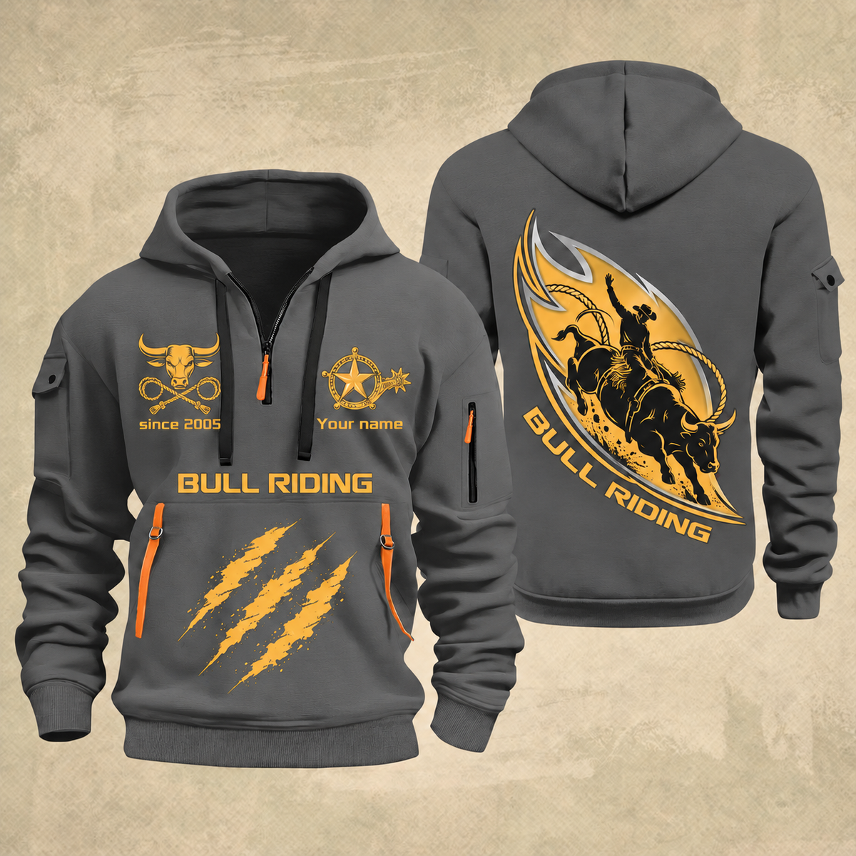 Bull Riding Bull Riding Rodeo Rush Quarter-Zip Hoodie with Name and Year - BR17365536 quarter-zip hoodie in Gray, front and back, Your name and since 2005 artwork